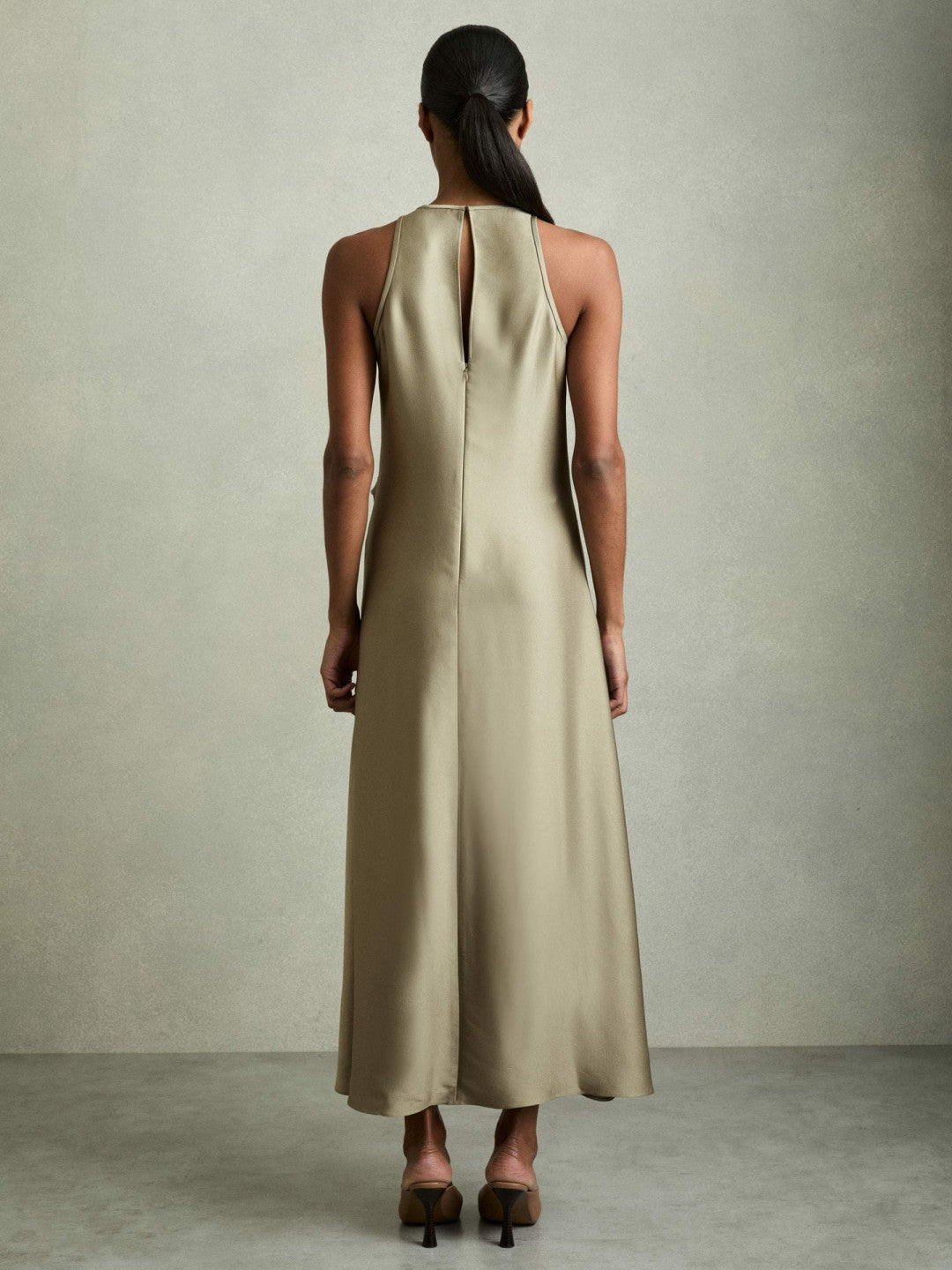 Reiss Satin Drape Tuck Midi Dress in Khaki