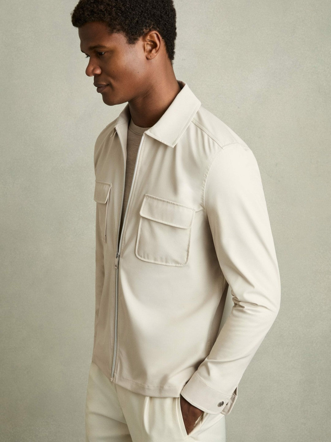 Reiss Best Seller - Technical Zip-Through Overshirt in Stone