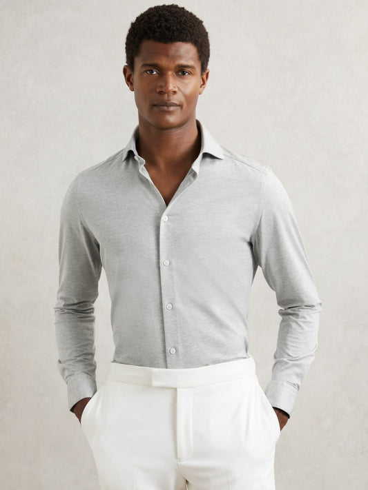 Reiss Value - Cotton-Blend Jersey Cutaway-Collar Shirt in Grey Melange
