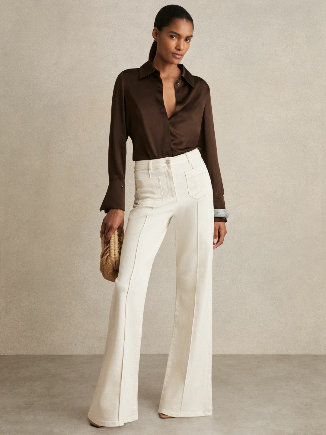 Reiss Best Seller - Silk Double-Cuff Button-Through Shirt in Chocolate