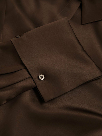 Reiss Best Seller - Silk Double-Cuff Button-Through Shirt in Chocolate