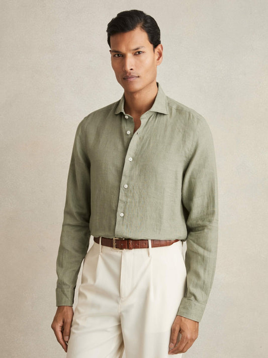 Reiss Linen Button-Through Shirt in Thyme Green