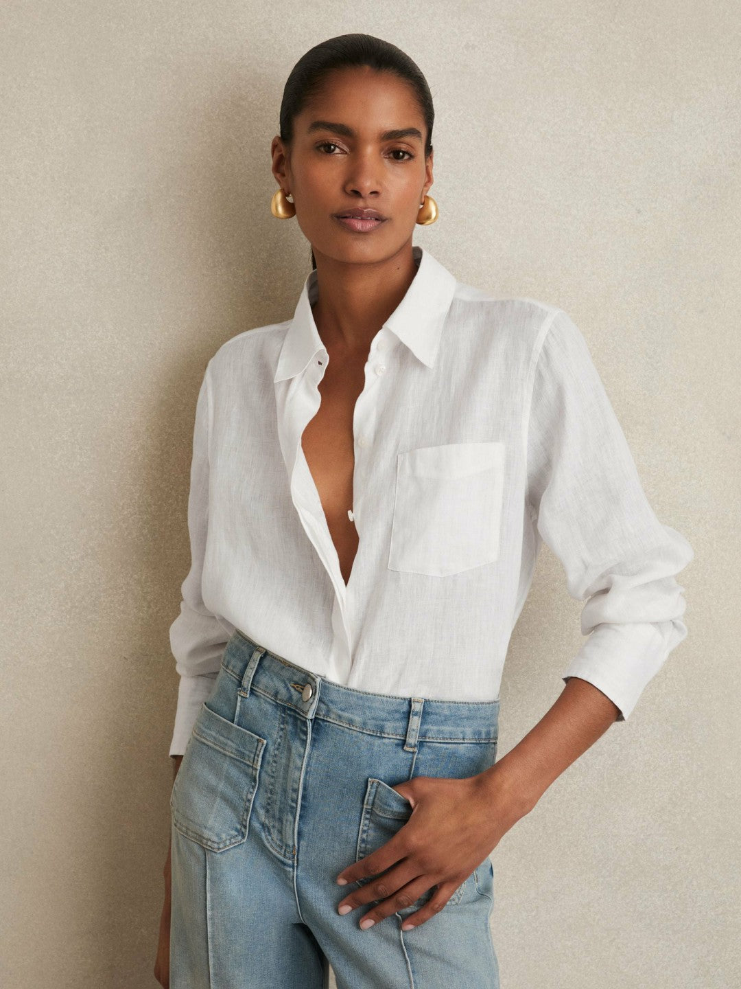 Reiss Linen Button-Through Shirt in White