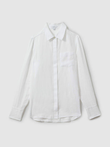 Reiss Linen Button-Through Shirt in White