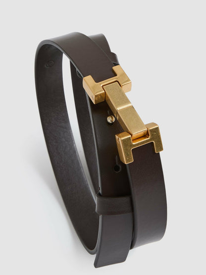 Reiss Affordable - Leather Square Hinge Belt in Chocolate