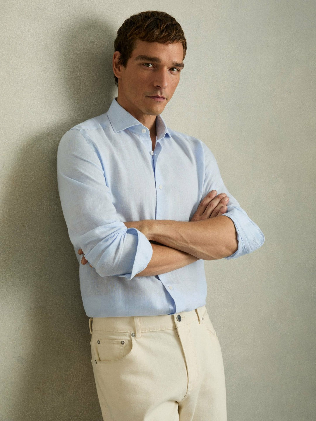 Reiss Linen Button-Through Shirt in Pale Blue