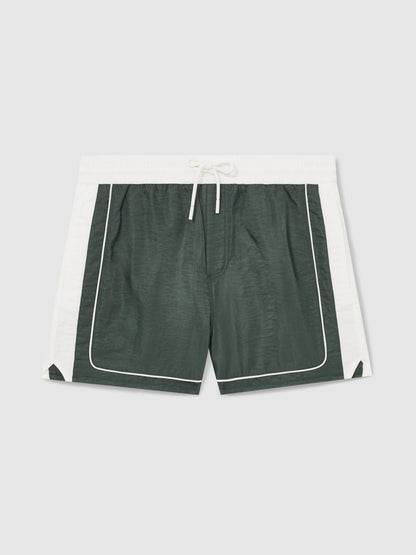 Reiss Offer - Colour-Block Piped-Trim Swim Shorts in Dark Green/White