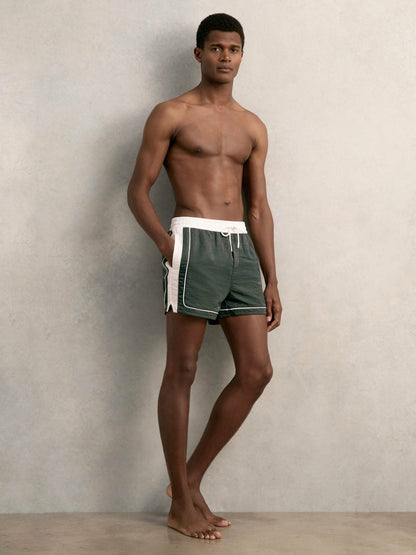 Reiss Offer - Colour-Block Piped-Trim Swim Shorts in Dark Green/White
