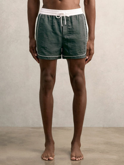 Reiss Offer - Colour-Block Piped-Trim Swim Shorts in Dark Green/White