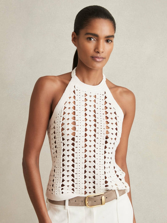 Reiss Value - Cotton Crochet Halterneck Vest Top in White