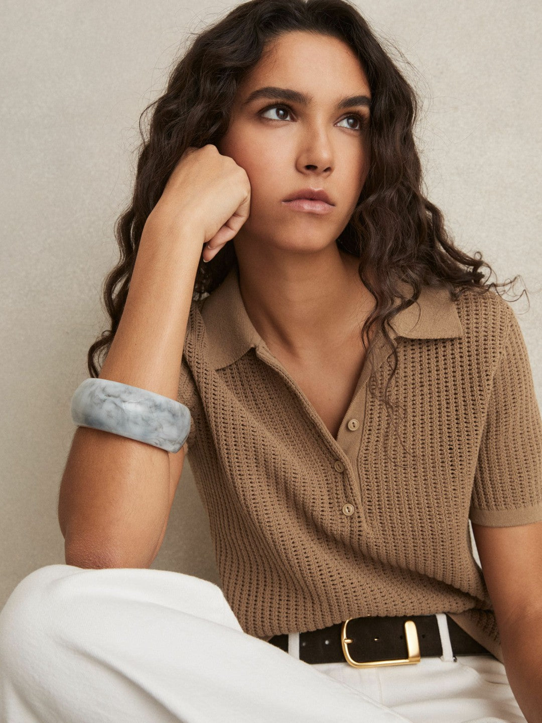 Reiss Cotton-Blend Open-Knit Polo Shirt in Tan