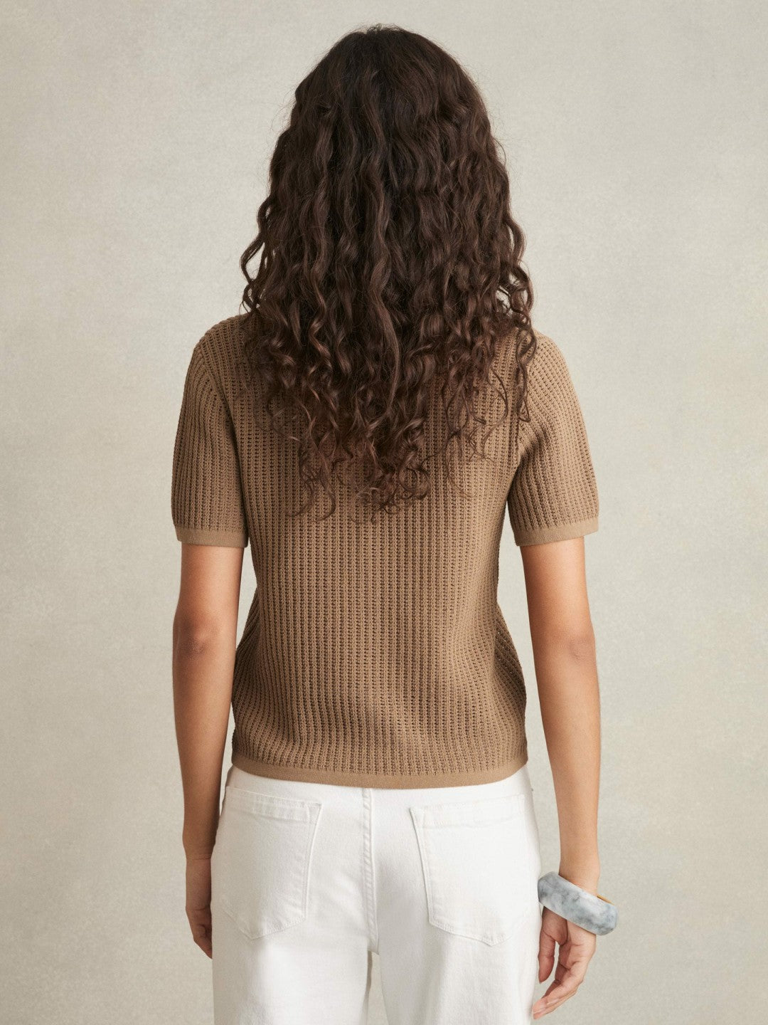 Reiss Cotton-Blend Open-Knit Polo Shirt in Tan