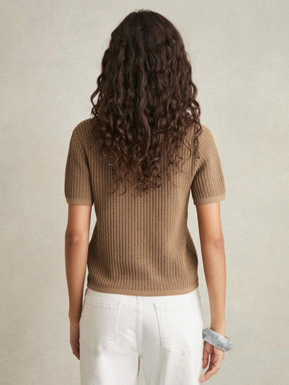 Reiss Cotton-Blend Open-Knit Polo Shirt in Tan