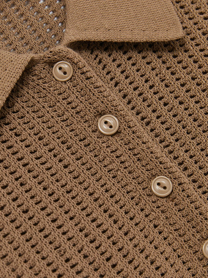 Reiss Cotton-Blend Open-Knit Polo Shirt in Tan