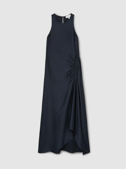 Reiss Satin Shirred Midi Dress in Navy