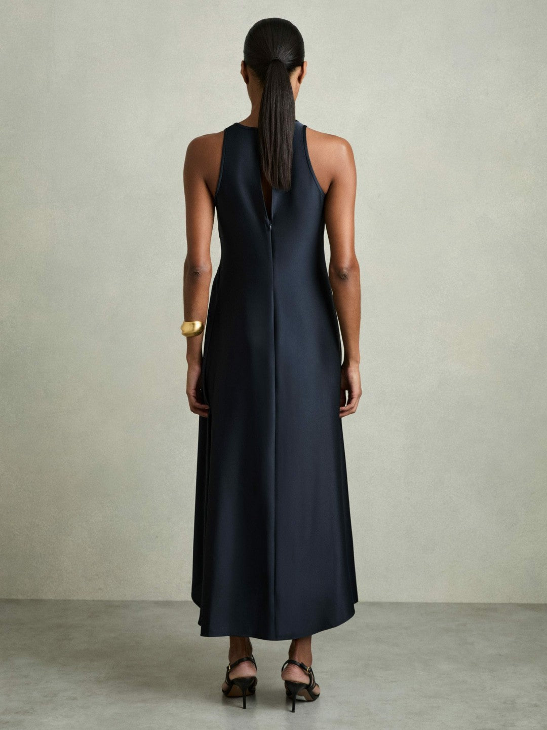 Reiss Satin Shirred Midi Dress in Navy