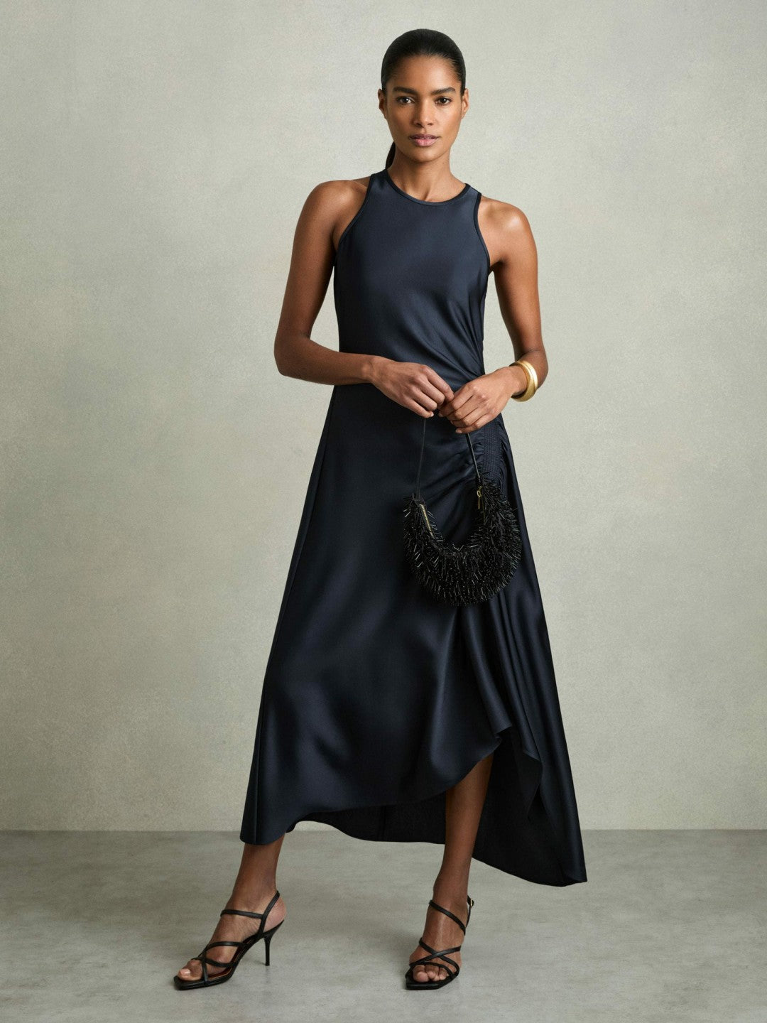 Reiss Satin Shirred Midi Dress in Navy