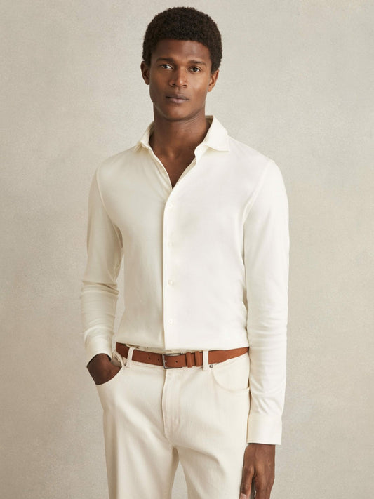 Reiss Cotton-Jersey Button-Through Shirt in Ecru