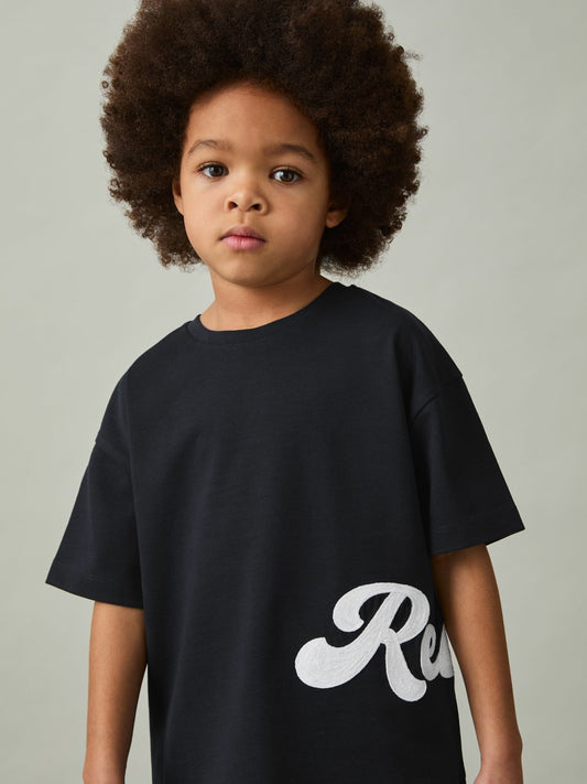 Reiss Best Seller - 9-13 yrs Cotton Script-Logo Oversized T-Shirt in Navy