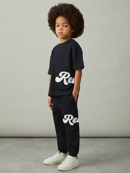 Reiss Best Seller - 9-13 yrs Cotton Script-Logo Oversized T-Shirt in Navy