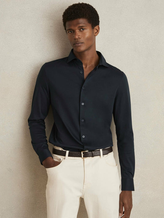 Reiss Cotton-Jersey Button-Through Shirt in Navy