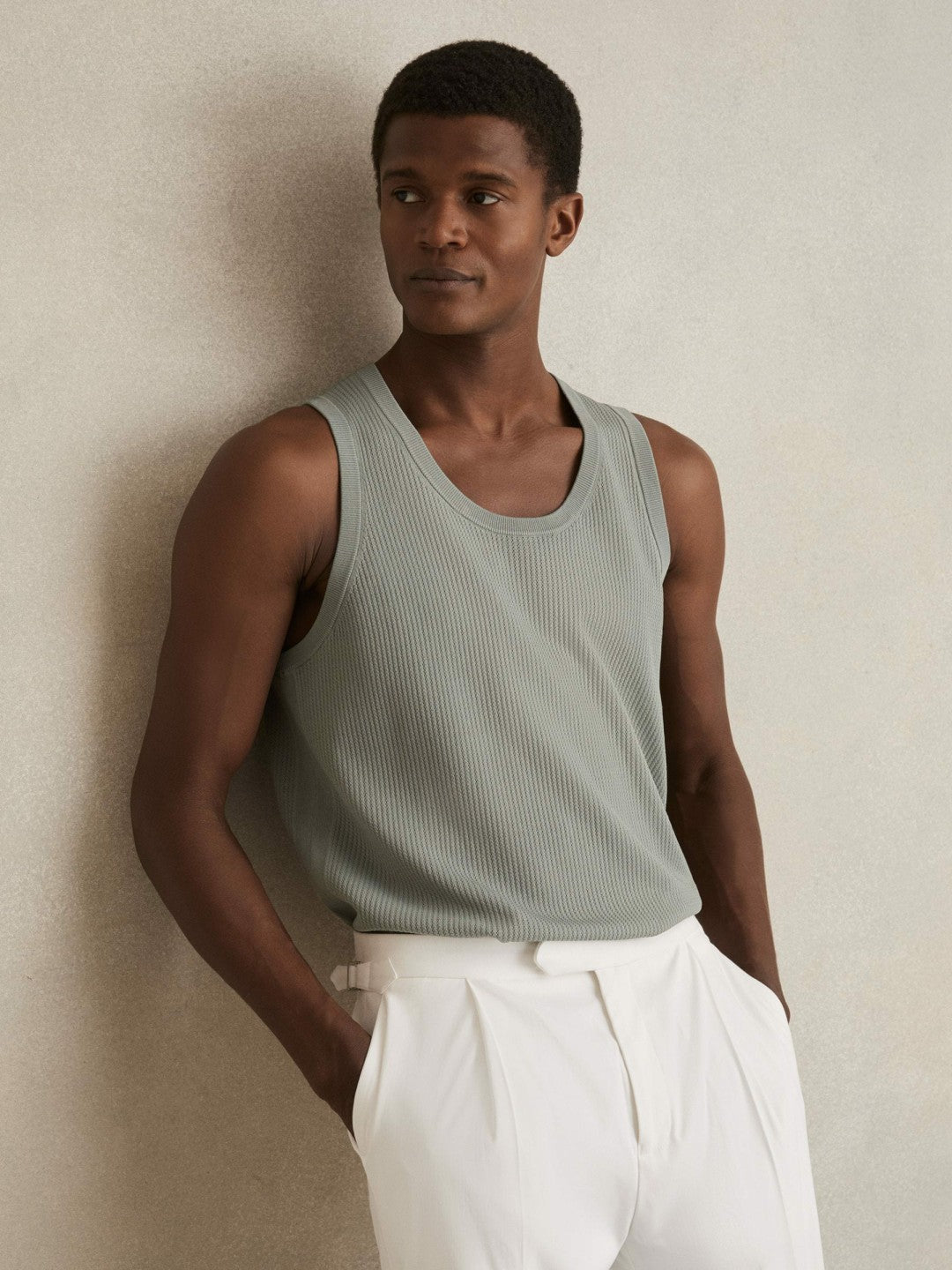 Reiss Featured - Textured Crew Neck Ribbed Vest in Sage Green