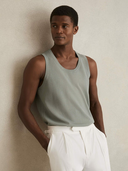 Reiss Featured - Textured Crew Neck Ribbed Vest in Sage Green