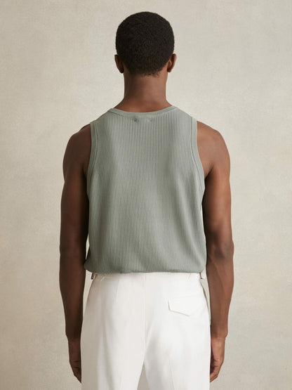 Reiss Featured - Textured Crew Neck Ribbed Vest in Sage Green