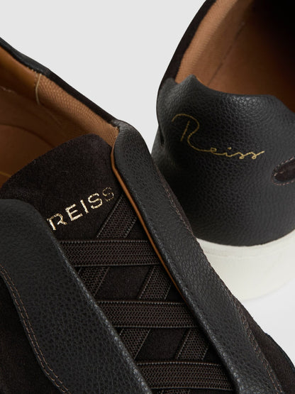 Reiss Value - Leather Elasticated-Lace Trainers in Espresso Brown