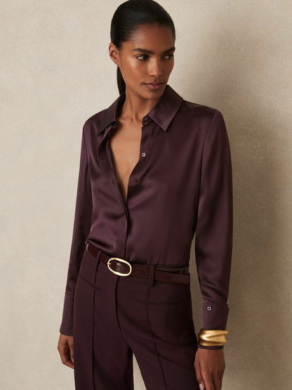 Reiss Deal - Silk Double-Cuff Button-Through Shirt in Red