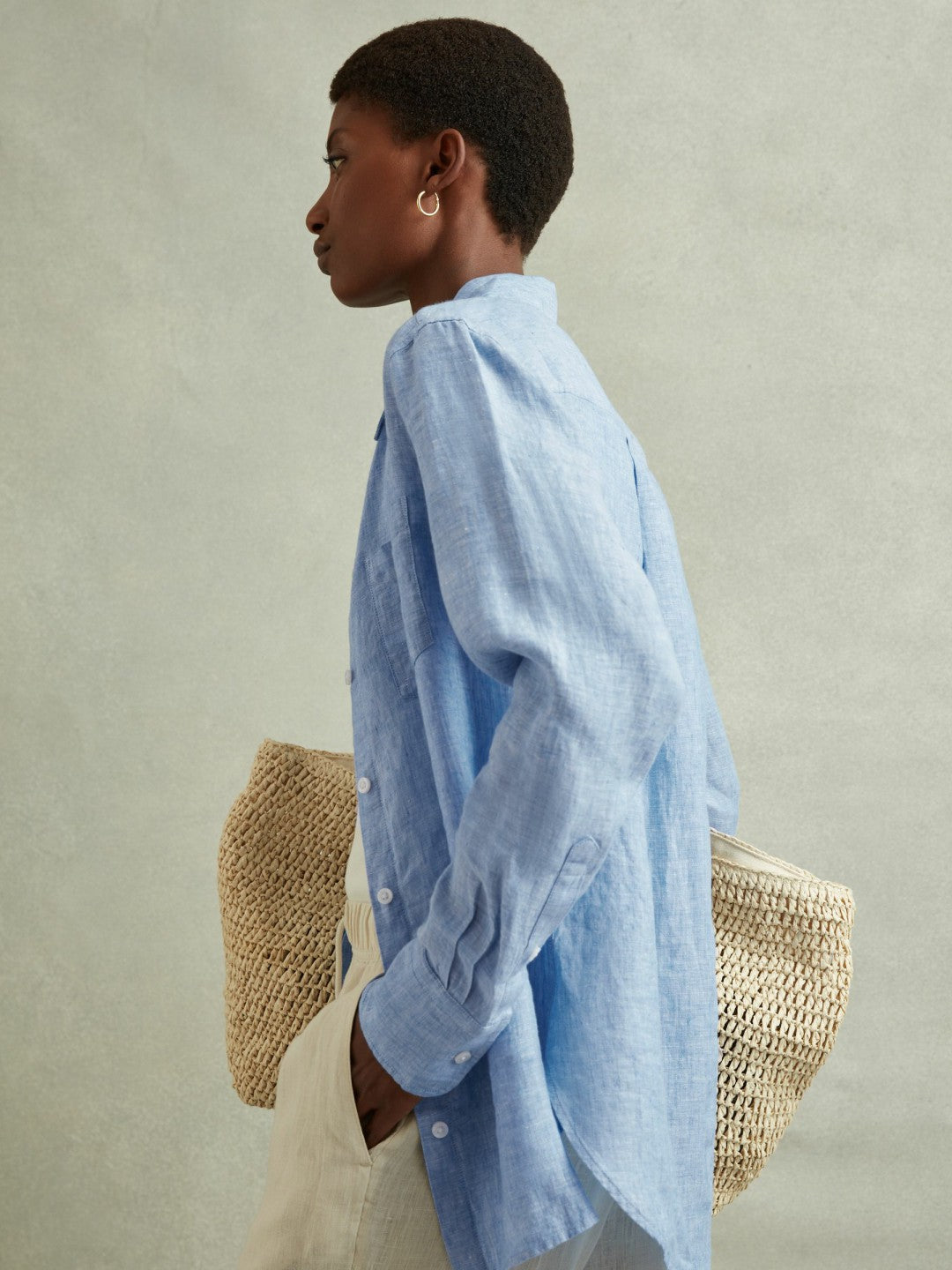 Reiss Featured - Linen Button-Through Shirt in Blue