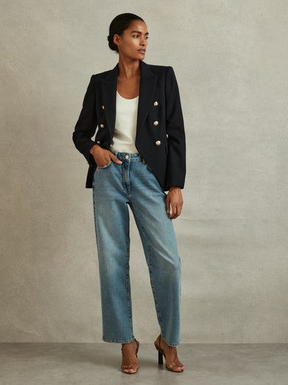 Reiss Popular Choice - Tailored Fit Textured Double Breasted Blazer in Navy