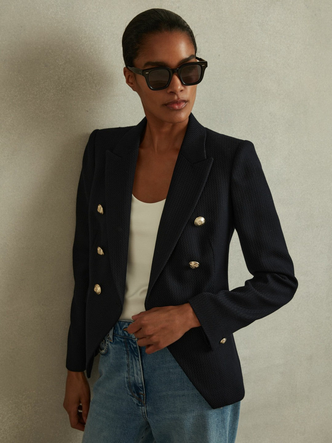 Reiss Popular Choice - Tailored Fit Textured Double Breasted Blazer in Navy