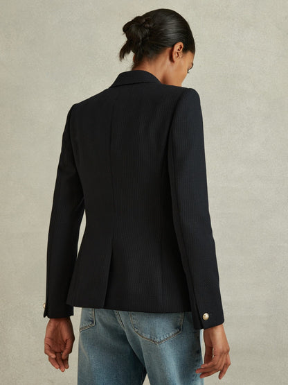 Reiss Popular Choice - Tailored Fit Textured Double Breasted Blazer in Navy