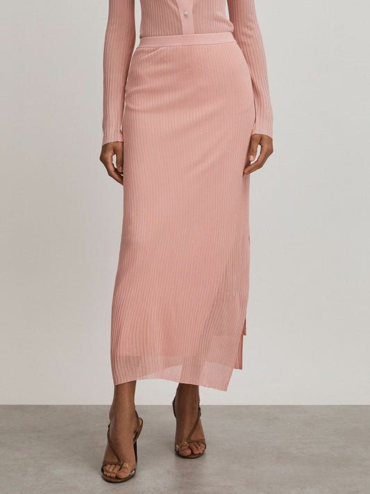 Reiss Affordable - Carrie Pink Anna Quan Sheer Ribbed Knitted Midi Skirt