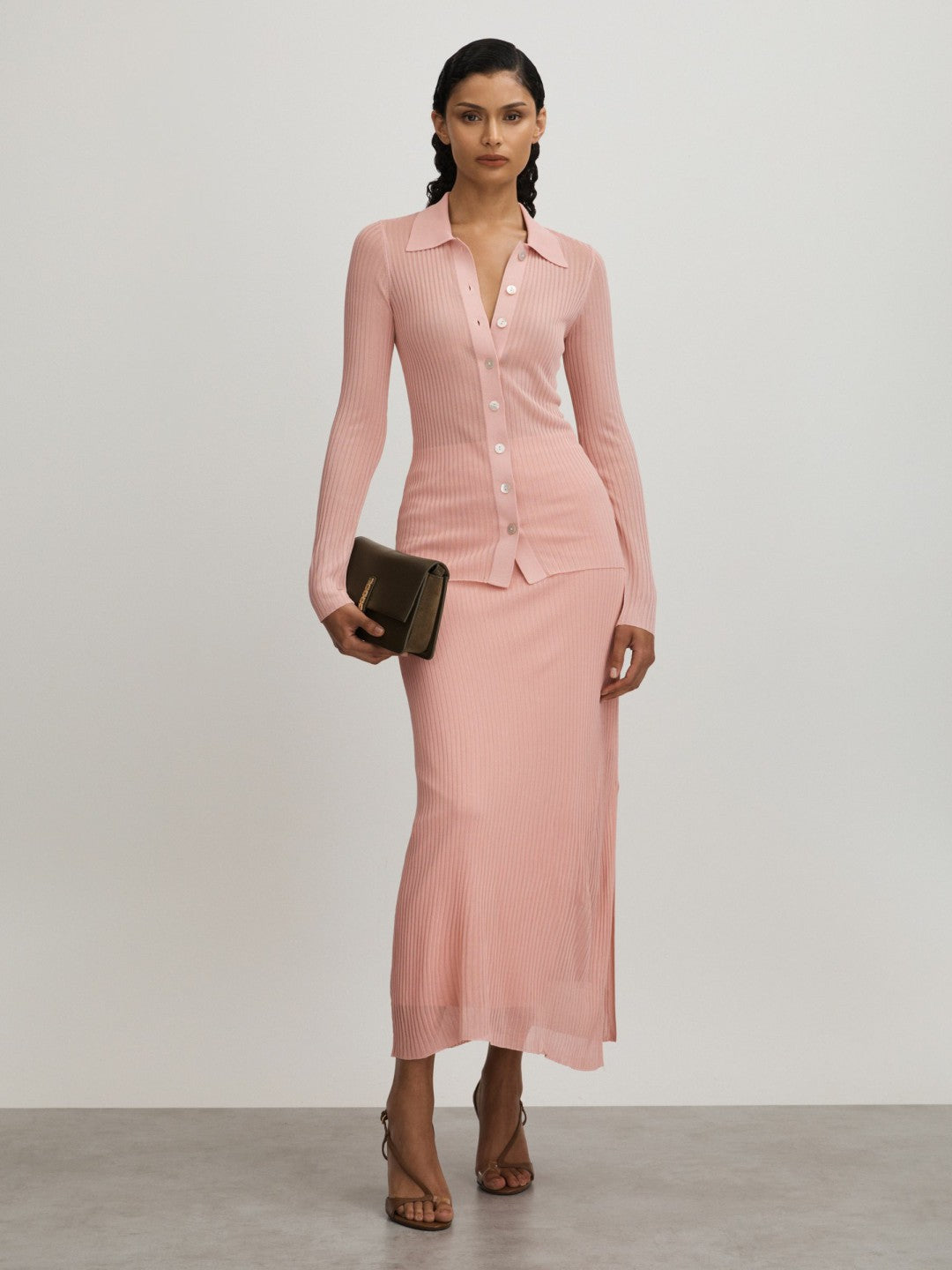 Reiss Affordable - Carrie Pink Anna Quan Sheer Ribbed Knitted Midi Skirt
