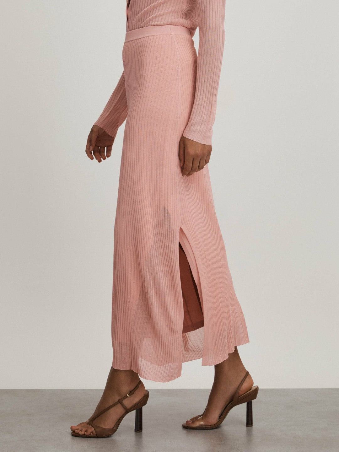 Reiss Affordable - Carrie Pink Anna Quan Sheer Ribbed Knitted Midi Skirt