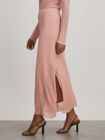 Reiss Affordable - Carrie Pink Anna Quan Sheer Ribbed Knitted Midi Skirt