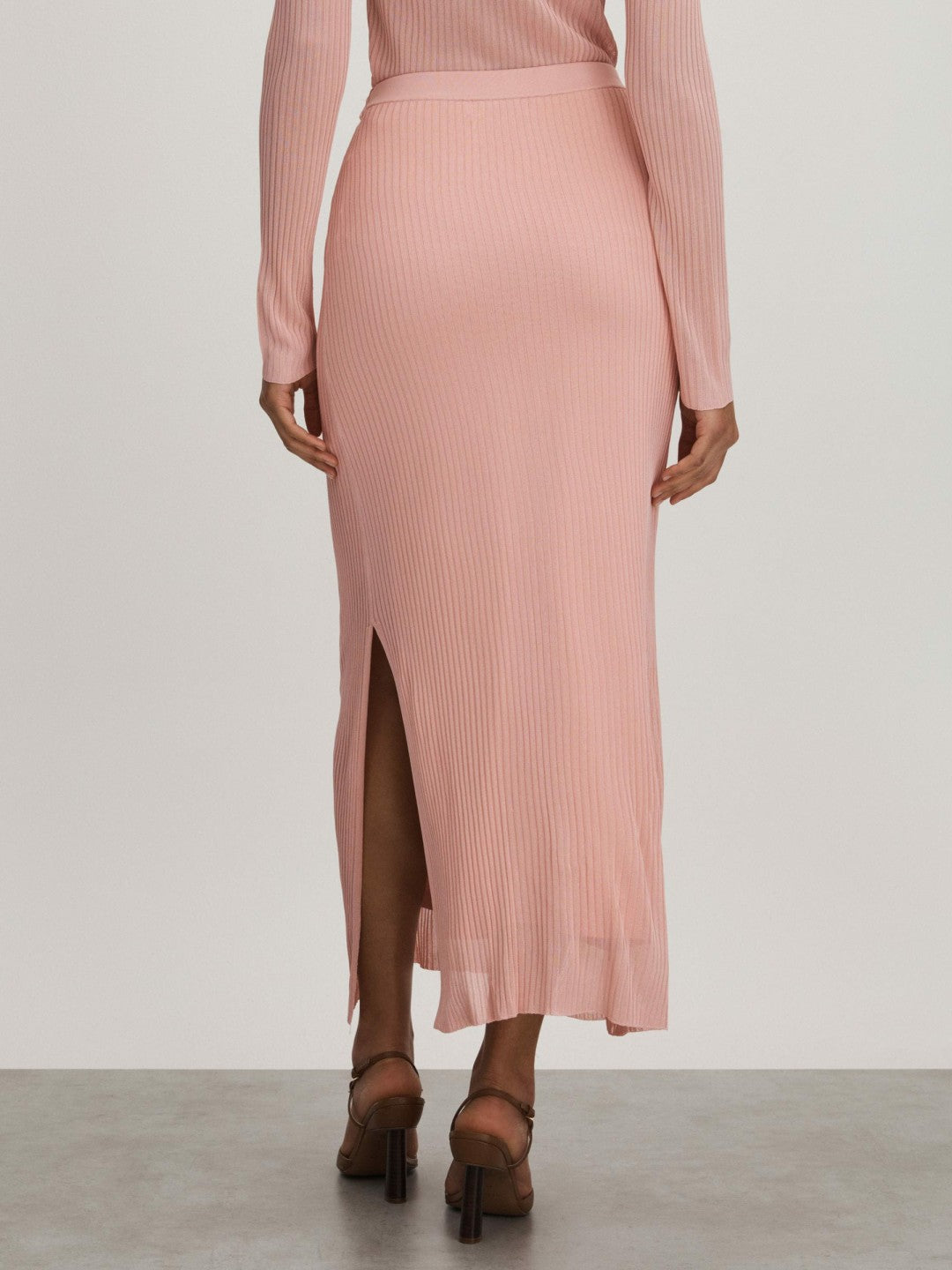 Reiss Affordable - Carrie Pink Anna Quan Sheer Ribbed Knitted Midi Skirt