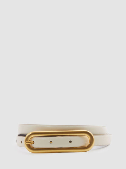 Reiss Savings - Thin Leather Elongated Buckle Belt in Off White