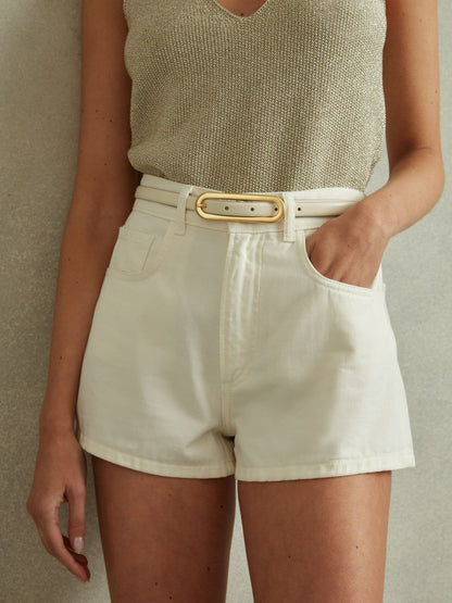 Reiss Savings - Thin Leather Elongated Buckle Belt in Off White
