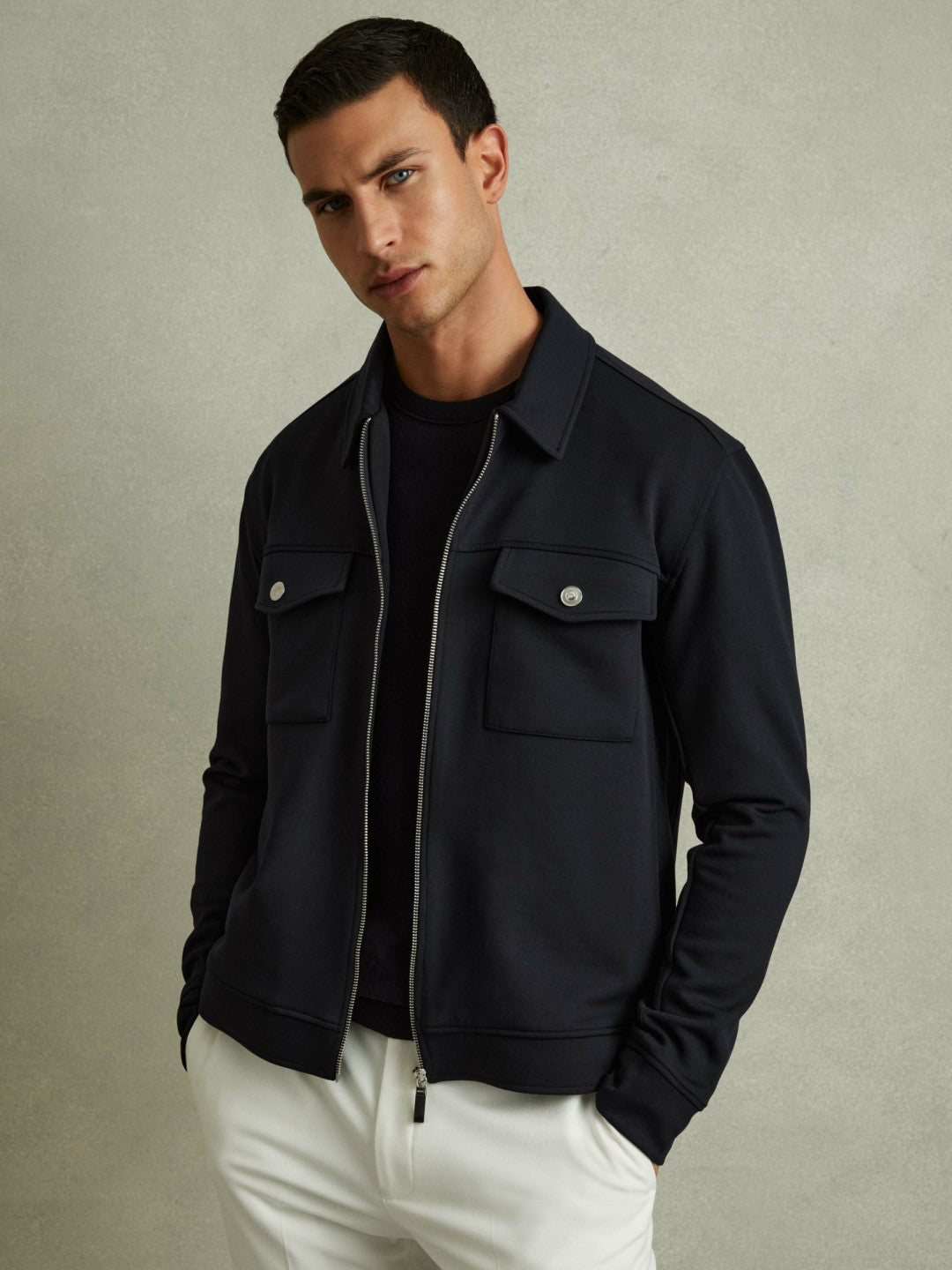 Reiss Value - Interlock Jersey Zip-Through Jacket in Navy Blue