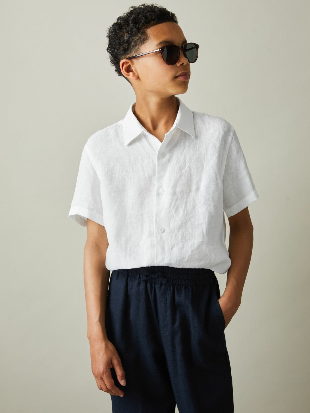 Reiss 9-13 yrs Short Sleeve Linen Shirt in White