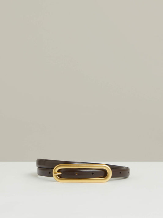 Reiss Sale - Thin Leather Elongated Buckle Belt in Chocolate