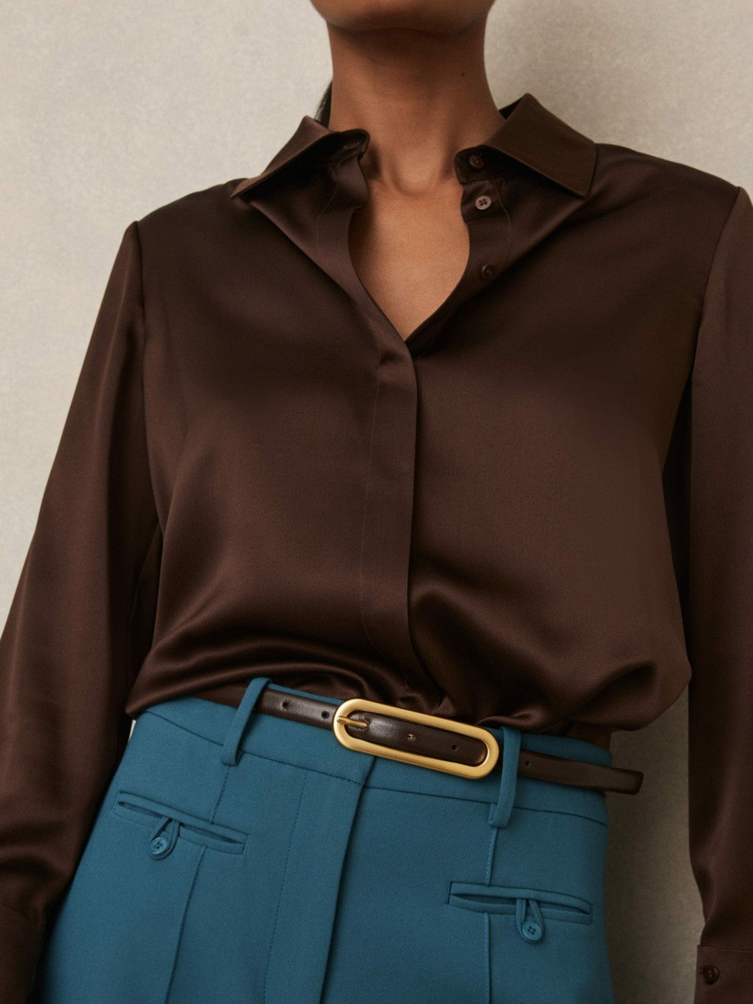 Reiss Sale - Thin Leather Elongated Buckle Belt in Chocolate