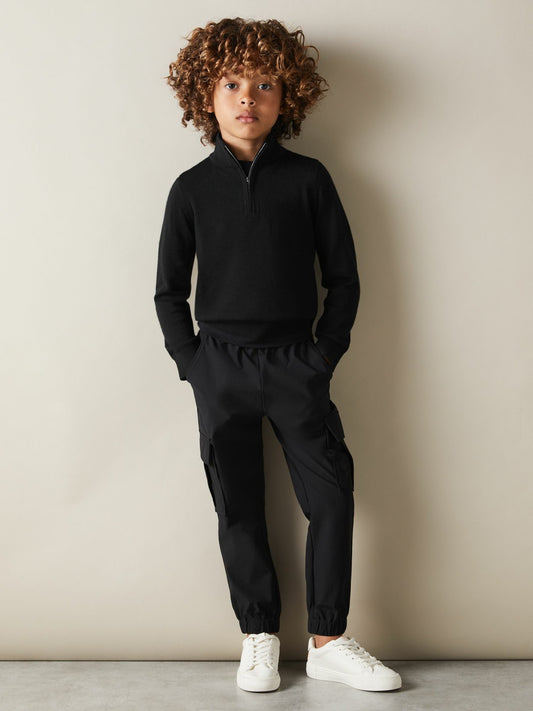 Reiss Affordable - 3-9 yrs Merino Wool Half-Zip Funnel Neck Jumper in Black