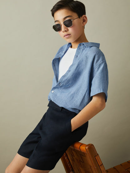 Reiss Best Seller - 3-9 yrs Short Sleeve Linen Shirt in Sky Blue