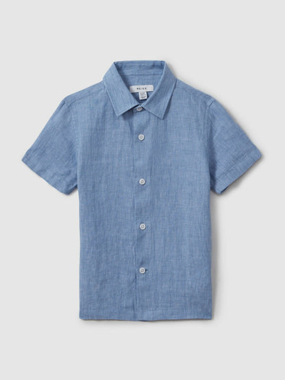 Reiss Best Seller - 3-9 yrs Short Sleeve Linen Shirt in Sky Blue