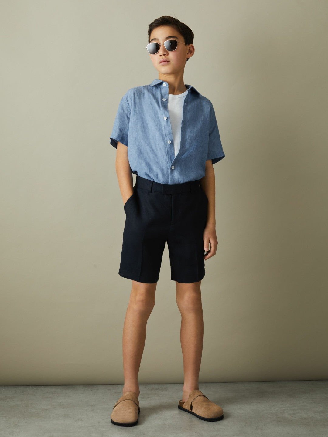 Reiss Best Seller - 3-9 yrs Short Sleeve Linen Shirt in Sky Blue