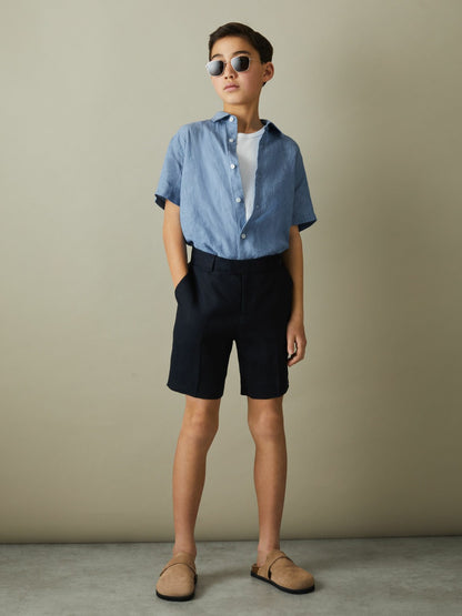 Reiss Best Seller - 3-9 yrs Short Sleeve Linen Shirt in Sky Blue